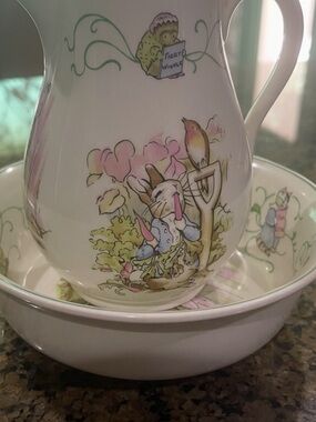 Wedgwood White Pitcher and Basin with Pastel Bunny and Bird Motif